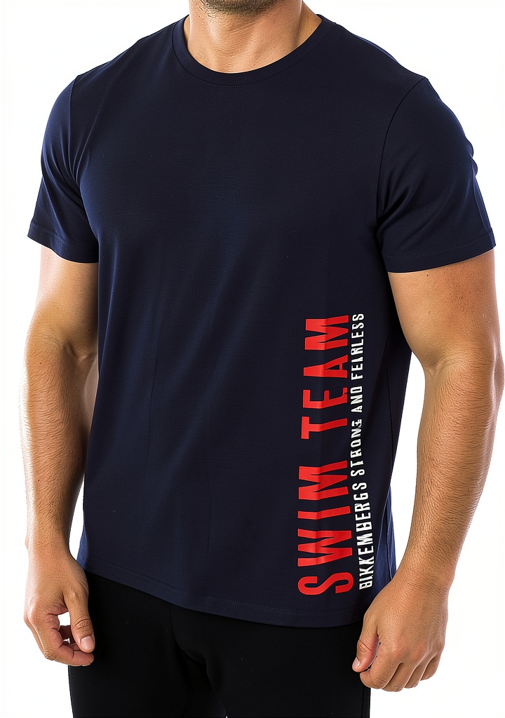Maglietta Bikkembergs blu navy con stampa laterale su sfondo neutro