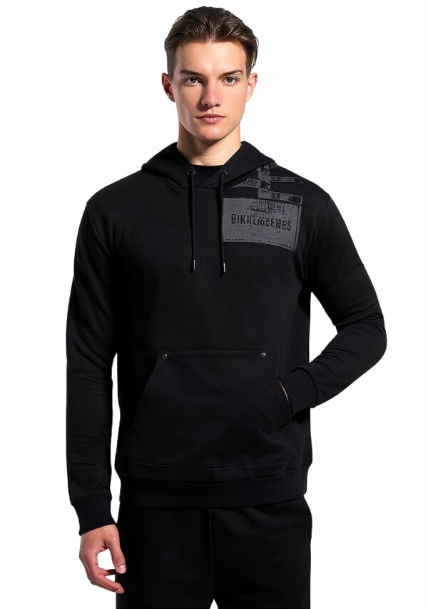 Giacca con cappuccio maxi tasca avanti stampa unisex nero-1
